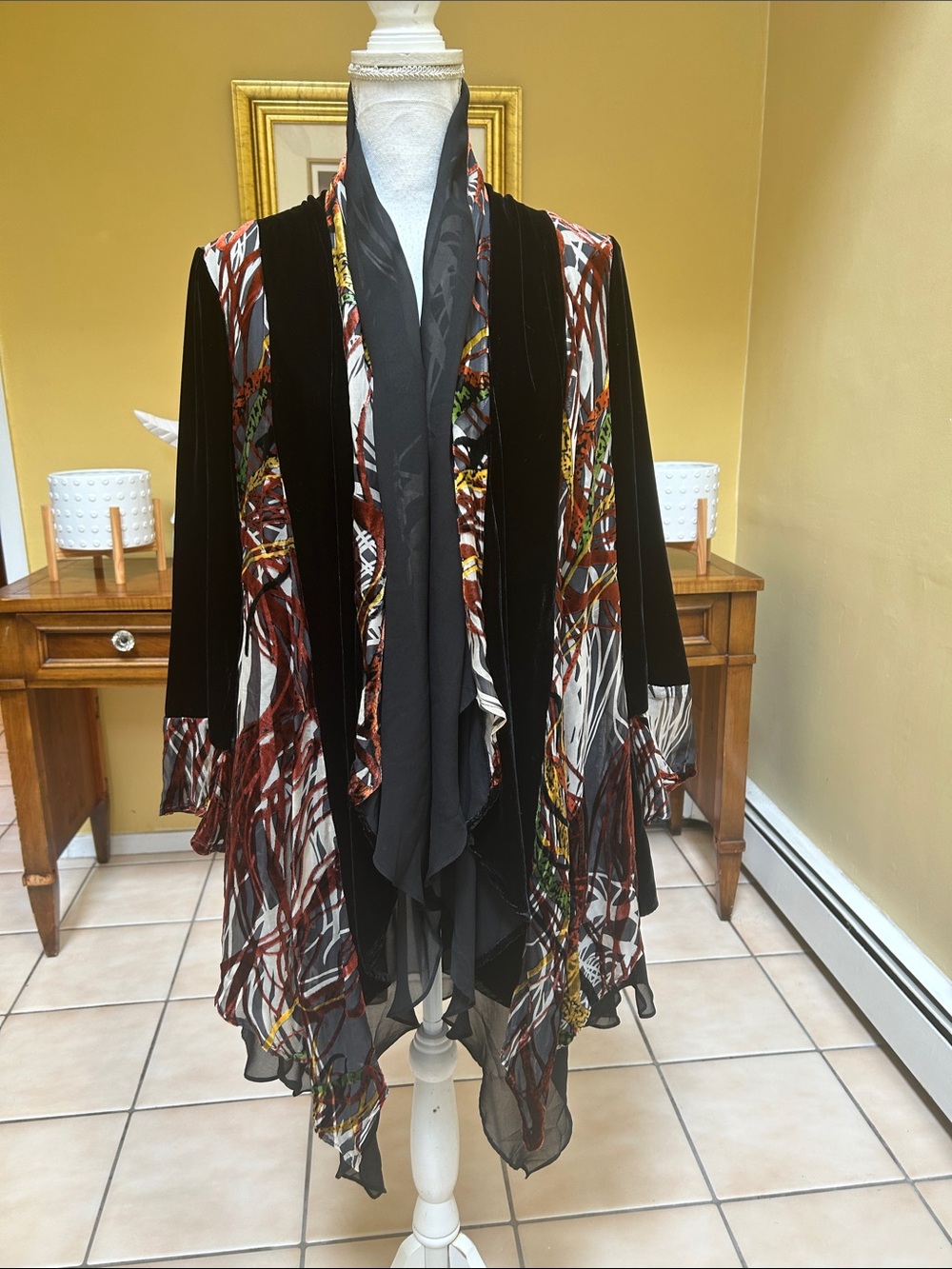 Ania A Silk Open Front Boho Gothic Mixed Media Black Burnt Out Velvet Cardigan S